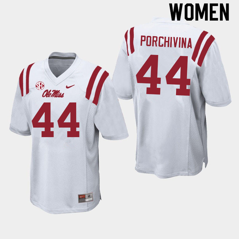 Women #44 John Porchivina Ole Miss Rebels College Football Jerseys Sale-White - Click Image to Close